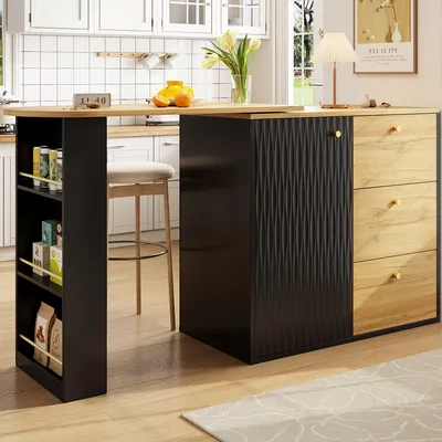 A kitchen island with a countertop extension, integrated storage, and seating.