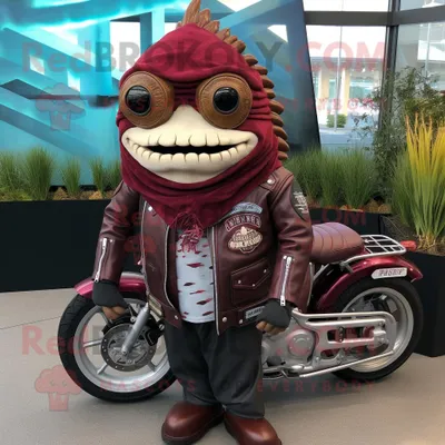 Produktbild von Kastanienbrauner REDBROKOLY Fisch-Tacos Maskottchen Kostüm charakter bekleidet mit einer Bikerjacke und Krawattennadeln