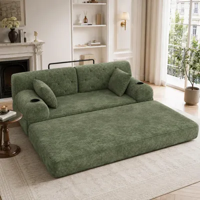Produktbild von MODFU Dreisitzer Schlafsofa aus Cordstoff, Relaxsofa mit Gästebett-Funktion, 3-Sitzer-Loungesofa mit hoher Rückenlehne, 2 Getränkehaltern & 4 Seitentaschen –Grün