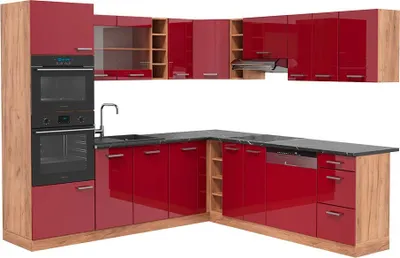 Produktbild von Eckküche Vicco R-Line Rot Hochglanz/Goldkraft Eiche 247 x 60 cm , AP Anthrazit, Model 43327