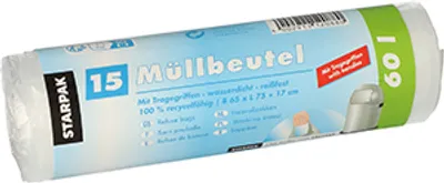 Produktbild von 27000 Müllbeutel mit Tragegriffen, HDPE 60 l 75 cm x 65 cm transparent 12 my
