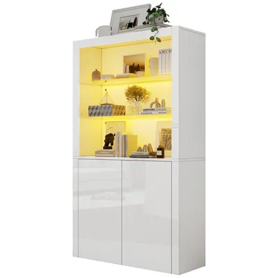 A white display cabinet with illuminated shelves, showcasing various decorative items.