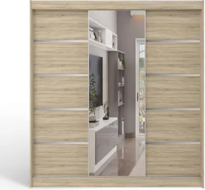Produktbild von Easy Furniture A6 Schiebetüren Kleiderschrank 250 cm mit Spiegel - Schlafzimmermöbel, Aufbewahrung - Mehrzweckschrank - Farbe: Sonoma - 3 Schiebetüren - Kleiderschrank