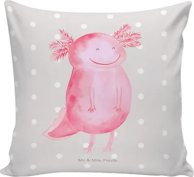 Produktbild von Mr. & Mrs. Panda Kissen 40x40 Axolotl Glücklich - Grau Pastell - Geschenk, kuschelkissen, Sofa, für, Lebensfroh, Gute Laune, Dekokissen, gut Gelaunt, Schwanzlurch, Axolot