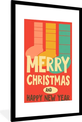 Produktbild von MuchoWow® MuchoWow® Gerahmtes Poster Weihnachtssocken - Illustration - Weihnachten - Zitate - Sprichwörter - Frohe Weihnachten und ein gutes neues Jahr - Rot 60x90 cm - Poster mit zchwarzem Bilderrahm