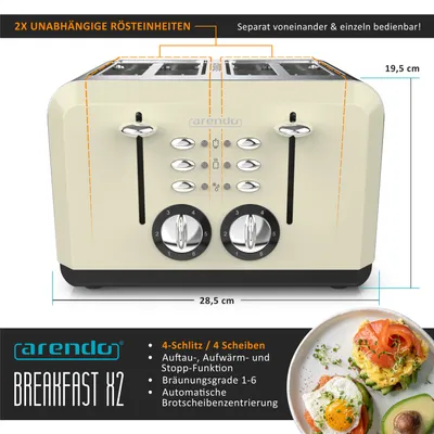 Produktbild von Arendo Toaster, 4 kurze Schlitze, für 4 Scheiben, 1630 W, Automatik, Edelstahl, Wärmeisolierendes Doppelwandgehäuse, beige
