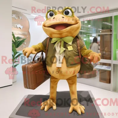 Produktbild von Maskottchen REDBROKOLY eines braunen Frosches bekleidet mit Overall und Aktentasche