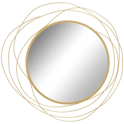 A round mirror with a decorative gold wire frame.