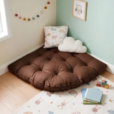 Produktbild von Eck-Bodenkissen 100x100cm Kinder Spielmatte Bodenkissen, Weiches Rutschfestes Kindermatte, Kissen für das Spielzimmer – Lesen/Yoga/Meditation,Dunkelbraun