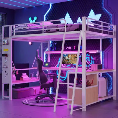 Produktbild von Flieks Etagenbett 140x200cm mit Led, Hochbett Doppelbett mit Schreibtisch und Ladefunktion, Kinderbett Metallbett mit Ablagen, Jugendbett Schwarz
