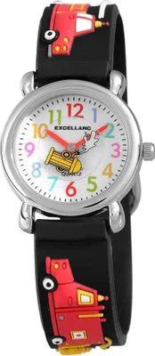 A children's watch with a black strap featuring a red fire truck design.