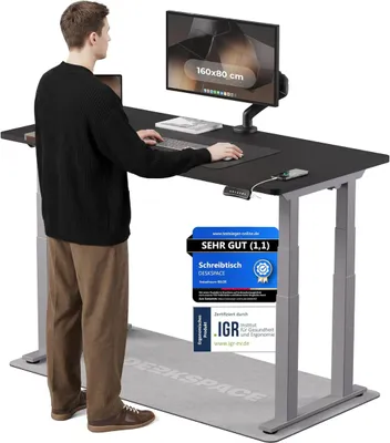 Produktbild von DESKSPACE Höhenverstellbarer Schreibtisch elektrisch mit leisem Dual-Motor – stabiles 4-Bein-Gestell (Grau Gestell, Schwarz Tischplatte, 160×80 cm)