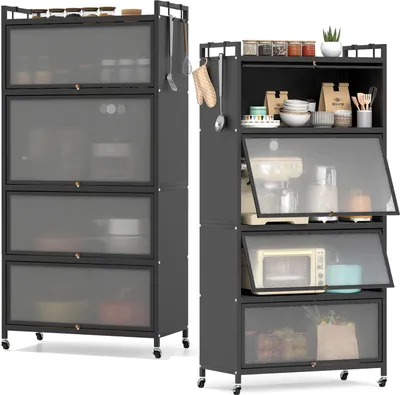 Produktbild von KOMFOTTEU Küchenschrank mit Rollen, Buffetschrank mit austauschbaren Füßen, Hochschrank mit Sichttür & Kippschutz, Mehrzweckschrank für Wohnzimmer, Esszimmer (Schwarz)