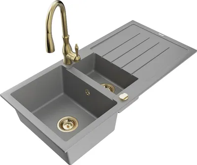 Produktbild von Mexen Andres 1,5-Becken-Granitspüle mit Abtropffläche und Mischbatterie Savita, Grau - 6515-71-672601-50