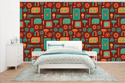 Produktbild von MuchoWow® Fototapete für Wohnzimmer oder Schlafzimmer Wandtapete Vinyl Motivtapete Muster - Retro - Werkzeuge - 465x260 cm - Hintergrundbild