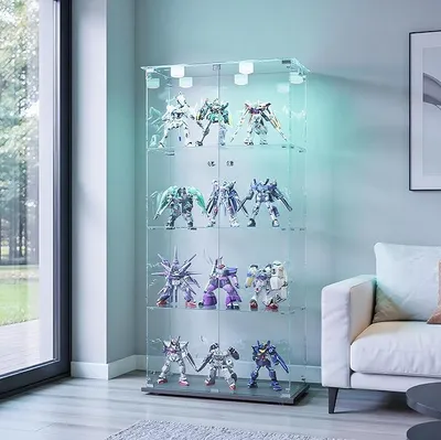 Produktbild von Glasvitrine Standvitrine mit LED-Klopflicht,4 Lagen Glas Holz Vitrine mit 2 Türen und Schloss, Sammlervitrine Vitrinenschrank aus Gehärtetes Glas, Glasvitrine Stehend für Wohnzimmer