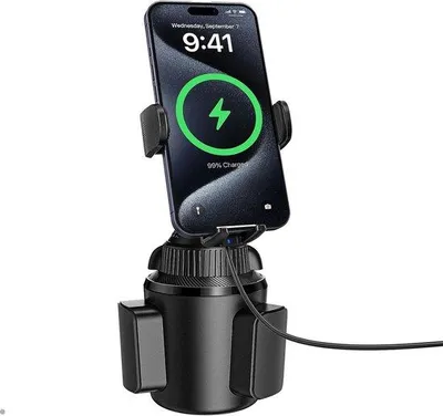 Productafbeelding van Autotelefoonhouder met Bekerhouder en Oplaadfunctie, Draadloze Snellader voor Smartphones, Verstelbare Drinkhouder, Geschikt voor Auto