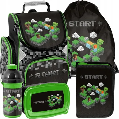 Produktbild von Schulrucksack Mädchen Jungen Motiv MINECRAFT 5 T Set Rucksack, Federmäppchen, Schuhbeutel, Trinkflasche, Frühstückstasche Mega-Set Paso