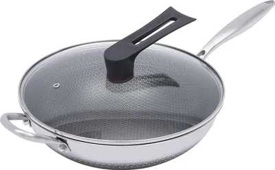 Produktbild von Edelstahl Wokpfanne 30 cm mit Deckel Honigwaben Edelstahl Induktionswok Gaswokpfanne Universal