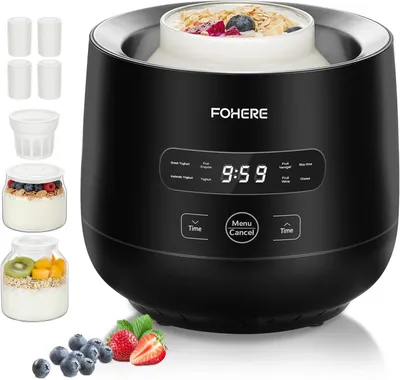 Imagen del producto de Máquina multifuncional para hacer yogur, con 8 programas, 2 recipientes de vidrio XXL de 2000 ml y 1400 ml, y 4 vasos de cerámica, ideal para