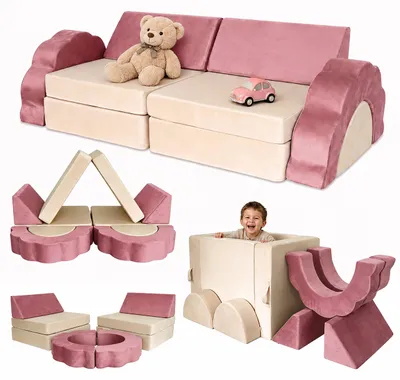 Zdjęcie produktu dla Relaxdays, modułowa kanapa dla dzieci, 10 elementów, miękkie klocki, kanapa dziecięca, aksamit, wymiary: 47x150x65 cm, kanapa do zabawy, kolor różowy
