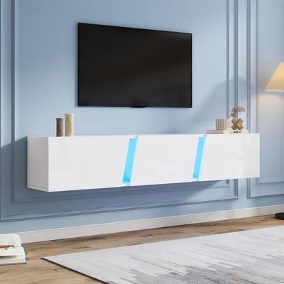 Obrázok produktu pre Zavesiteľná TV skrinka s LED osvetlením, vysoký lesk, 3 dvierka, pre televízory do 75 palcov, biela, 180x35x30 cm