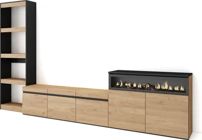 Immagine prodotto di COZY Mobile Soggiorno TV, 310x35x186cm, Per TV fino a 65, Camino elettrico, Rovere e Nero