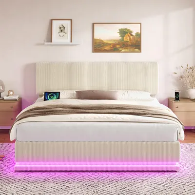 Image de Lit rembourré LVHOM 160 x 200 cm avec coffre de rangement, lit double en velours côtelé avec sommier à lattes, LED et USB-C, lit hydraulique pour adolescent avec tête de lit réglable, beige