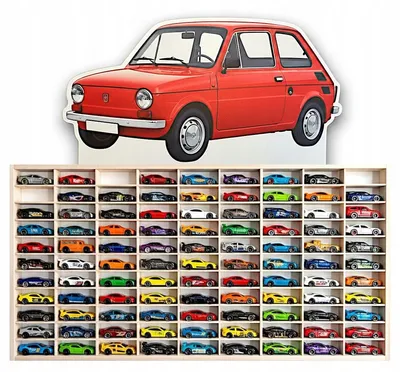Modellauto-Regal für 80 Autos 1:64 – Wandregal & Setzkasten für Spielzeugautos, Kleinwagen-Motiv, Birken-Sperrholz – mit Modellautos an der Wand