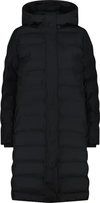 A black, long, puffer coat with a hood is shown from the front against a white background.