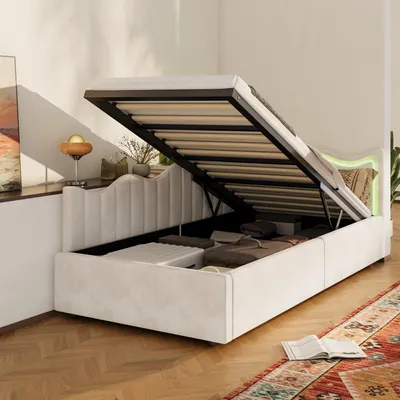 Immagine prodotto di Letto/divano letto per bambini Fortuna Lai 90×200 cm in velluto bianco - letto con illuminazione LED, contenitore idraulico e rete a doghe, letto imbottito moderno