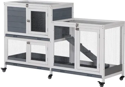 Produktbild von PawHut Holzstall mit Rädern, 147 x 45,5 x 88,5 cm, 2-stöckiger Kaninchenkäfig mit zu öffnendem Dach, 2 Metallgehege, 3 herausnehmbare Tabletts, 3 Türen mit Riegel und Rampe, Grau