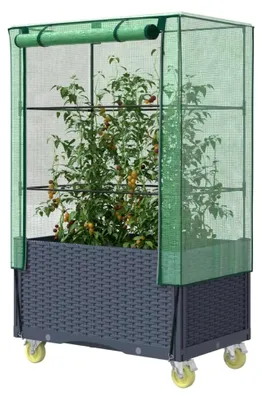 Produktbild von Haus & Garten, Rasen & Garten, Gartenarbeit, Töpfe & Pflanzgefäße, Hochbeet mit Abdeckung und Rädern, Rattan-Optik, 80 x 50 x 182 cm
