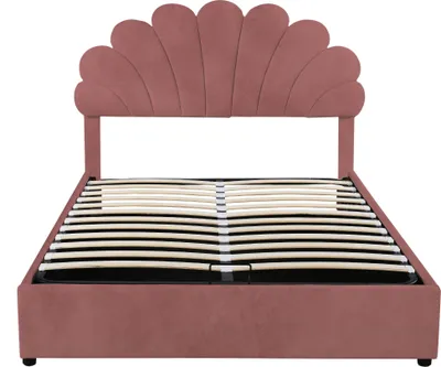 Produktbild von Merax Polsterbett 140x200cm mit Blumenform-Kopfteil und hydraulischem Stauraum, Doppelbett mit Lattenrost, Funktionsbett Kinderbett, Samt, Rosa