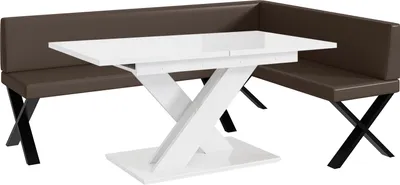 Produktbild von MEBLINI Eckbank für Esszimmer mit ausziehbarem Tisch  - Küchenbank - Essecke - Sitzecke Küche - TONI - X-Beine 142x196x87cm Rechts - Braun Kunstleder/B Weiß Hochgl.