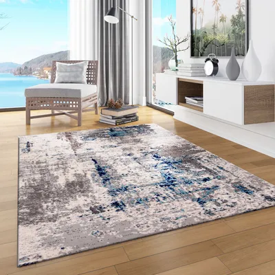 Produktbild von Teppich Abstrakt Vintage Look Wohnzimmer Kurzflor Teppich läufer Blau Grau, Maße:80x150 cm