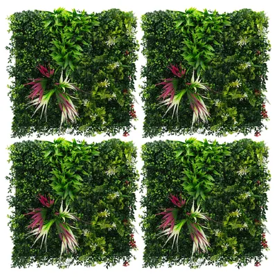 Produktbild von ECD Germany Künstliche Pflanzenwand Paneele Indoor Outdoor 4er Set 50x50 cm Kunstpflanzen Wandpaneele Blumenwand Sichtschutz Deko Grün Tropical Pink