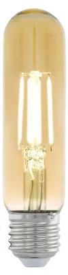 A close-up studio shot of a single LED light bulb with a clear amber glass tube and a silver screw base.