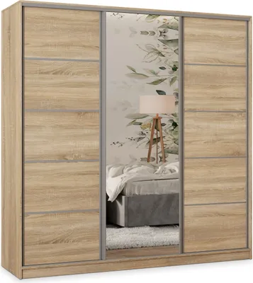 Produktbild von Masseno Schiebetürenschrank PINA 200/205/58 cm Kleiderschrank mit 4 Schubladen Schlafzimmer Schrank 3-türig mit Spiegel Sonoma Eiche