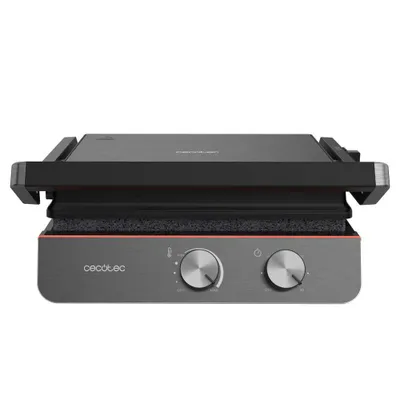 A close-up studio shot of a Cecotec electric grill.