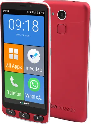 A red smartphone is shown from the front and back, displaying its interface and features.
