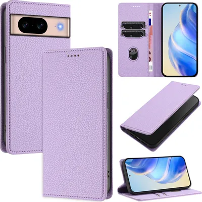 Obrázek produktu pro Kožené pouzdro pro Google Pixel 8A, Litschi kůže, peněženkové pouzdro s přihrádkami na karty a stojánkem Fialový