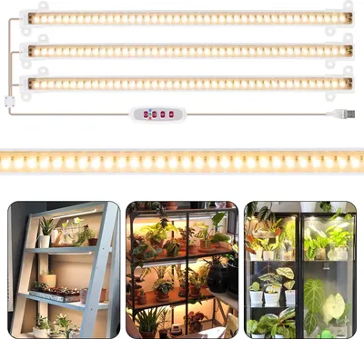 A collage of images showing LED plant grow lights and plants being grown under them.