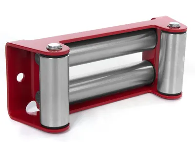 A red and silver winch roller fairlead is shown against a white background.