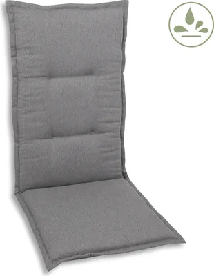 A gray chair cushion is shown against a white background.