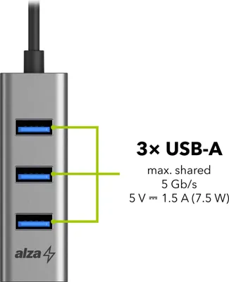 Immagine prodotto di Hub USB metallico AlzaPower da USB-A (M) a 4× USB-A 3.0 (F) grigio spazio