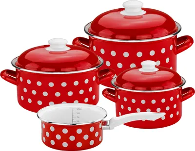 Produktbild von Bemus Emaille Kochtopf-Set DOTS 7tlg., rot mit weißen Punkten
