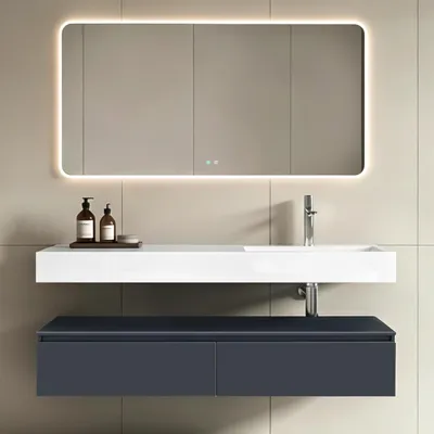 Produktbild von doporro Waschbecken-Unterschrank Badmöbel-Set in Anthrazit matt Design Waschplatz 150x48x25cm Badzimmerschrank inkl. Weiß matt Minralguss-Waschbecken und LED-Spiegel UP
