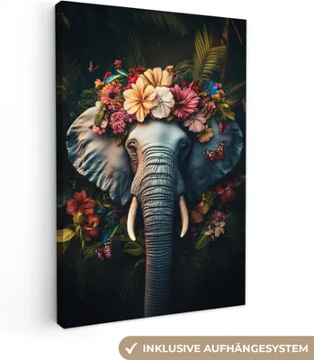Produktbild von Leinwandbilder 80x120 cm - Tiere, Blumen - Elefant, Bilder Wohnzimmer Modern, Wanddeko