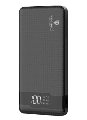 A black power bank with a textured surface and a digital display showing '100'.